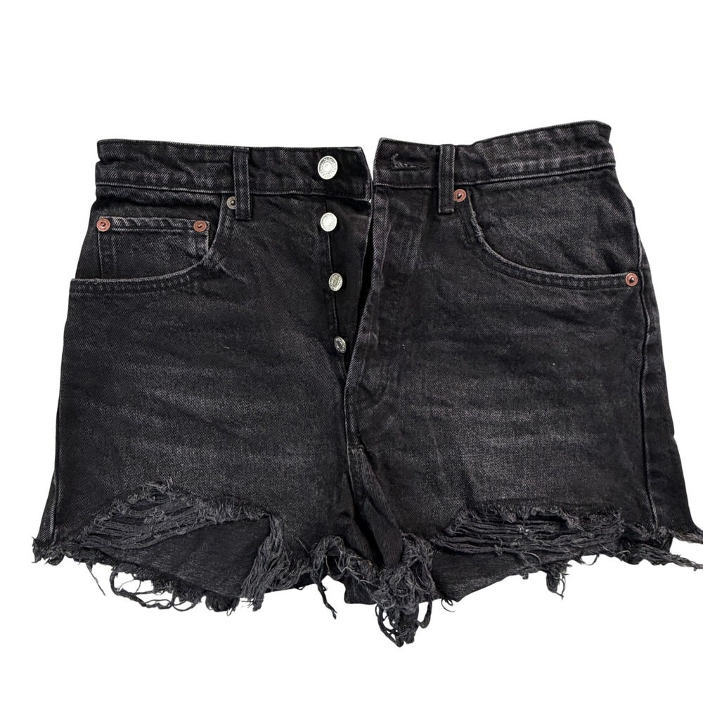 Zara‎ Black Distressed High Waisted Denim Cut Off Shorts Button Fly Women Size 8